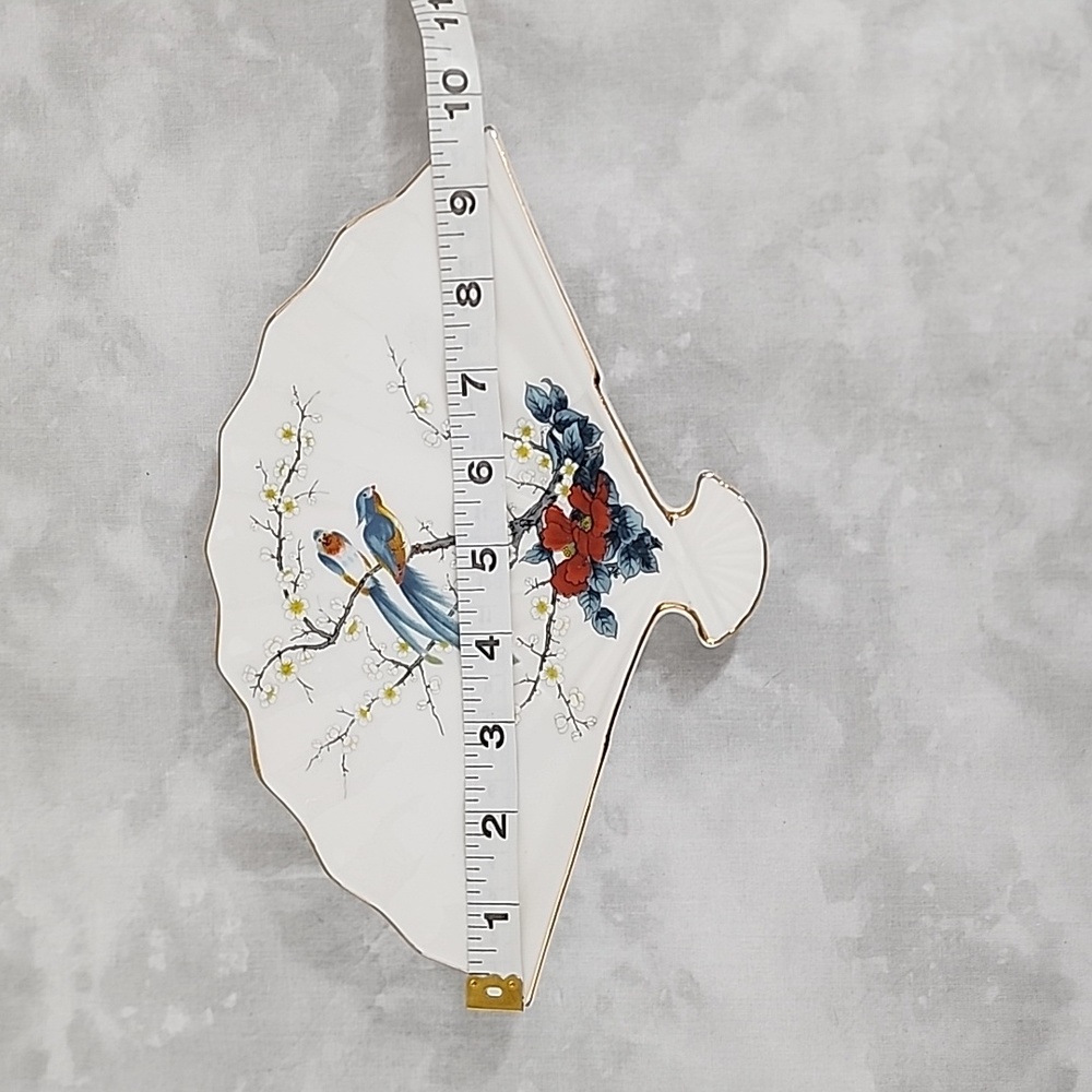 Vintage Ceramic Fan Dish with Birds & Cherry Blossoms from Japan - Picture 6 of 7